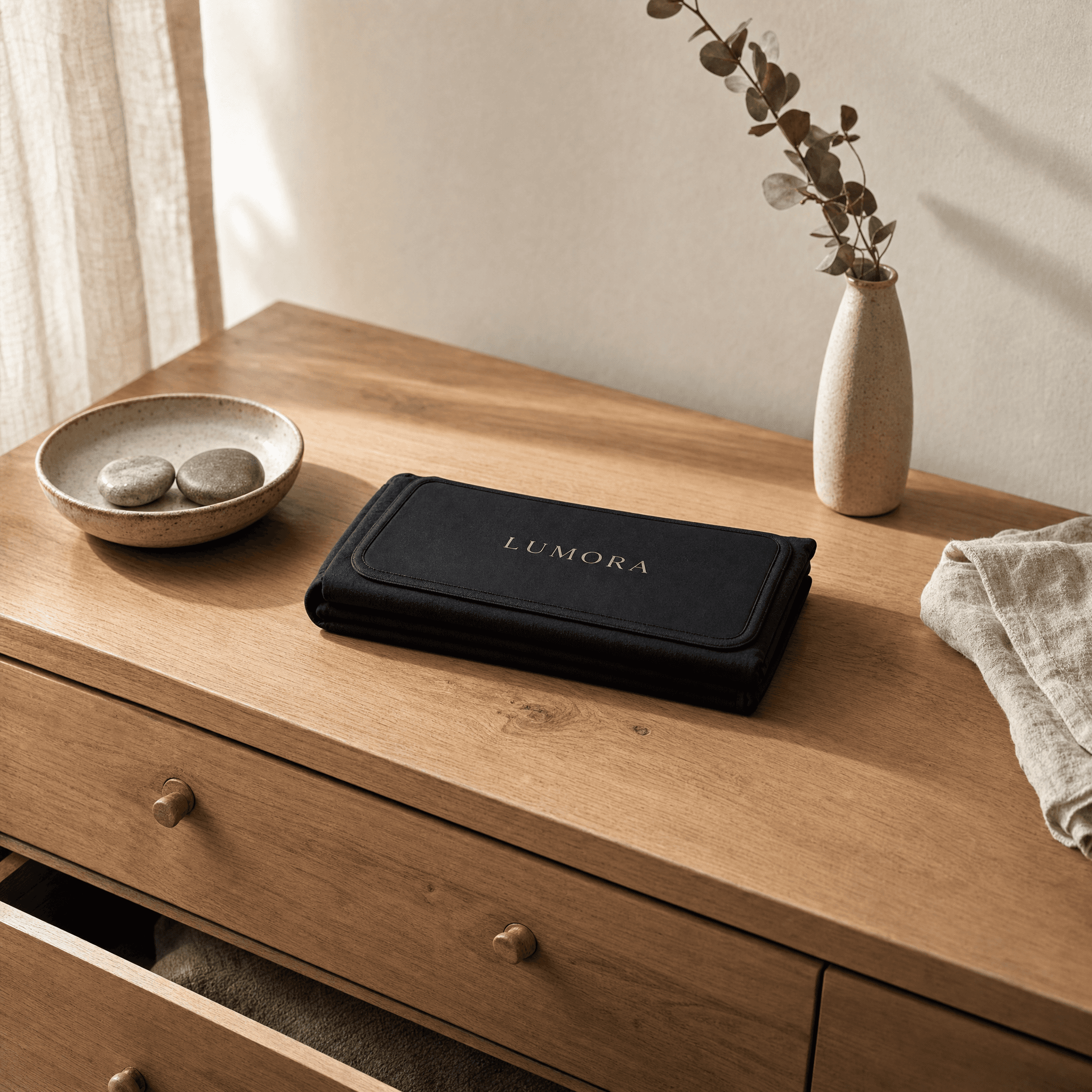 Aurora wrap folded on a chest of drawers at home
