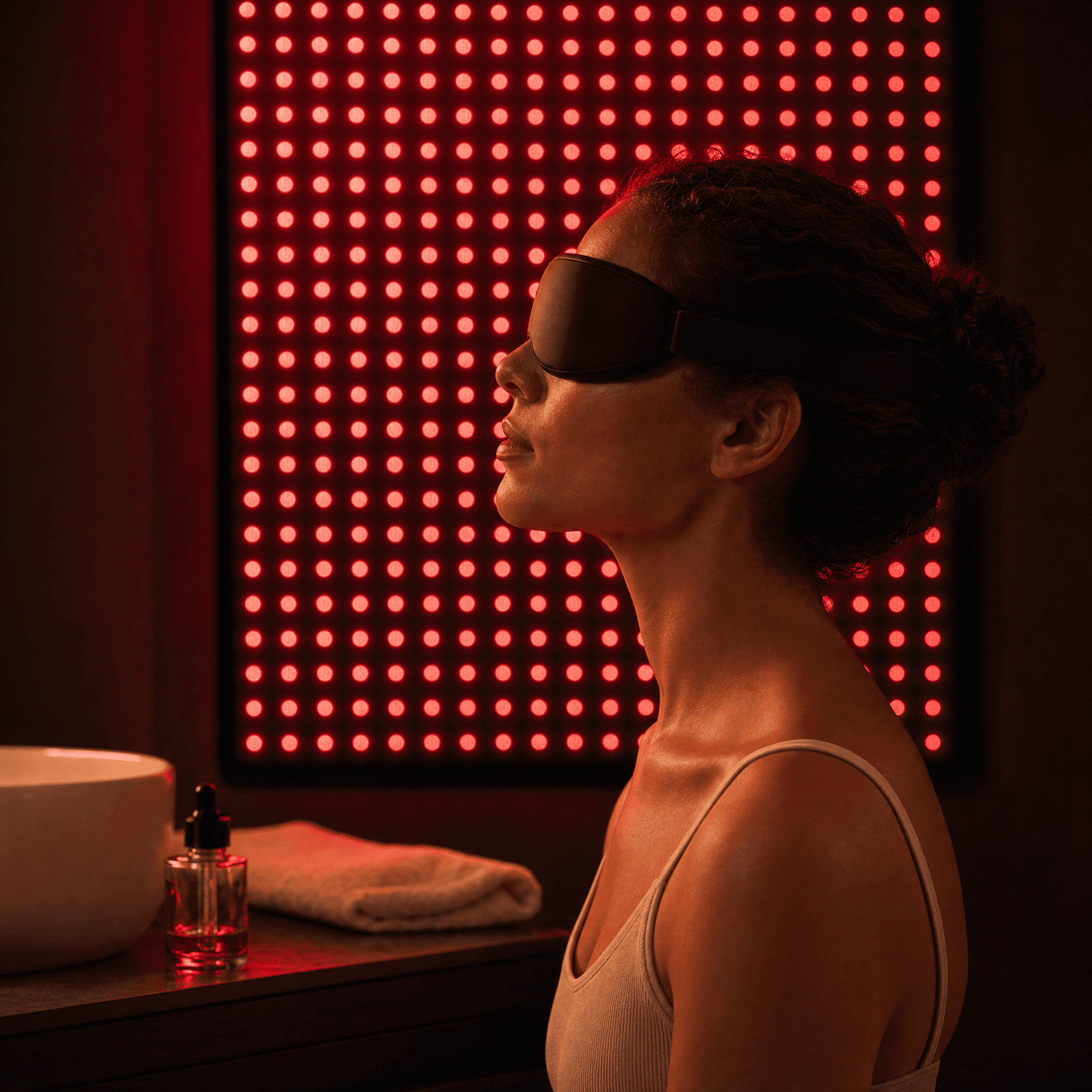 Profile portrait bathed in clinical red light