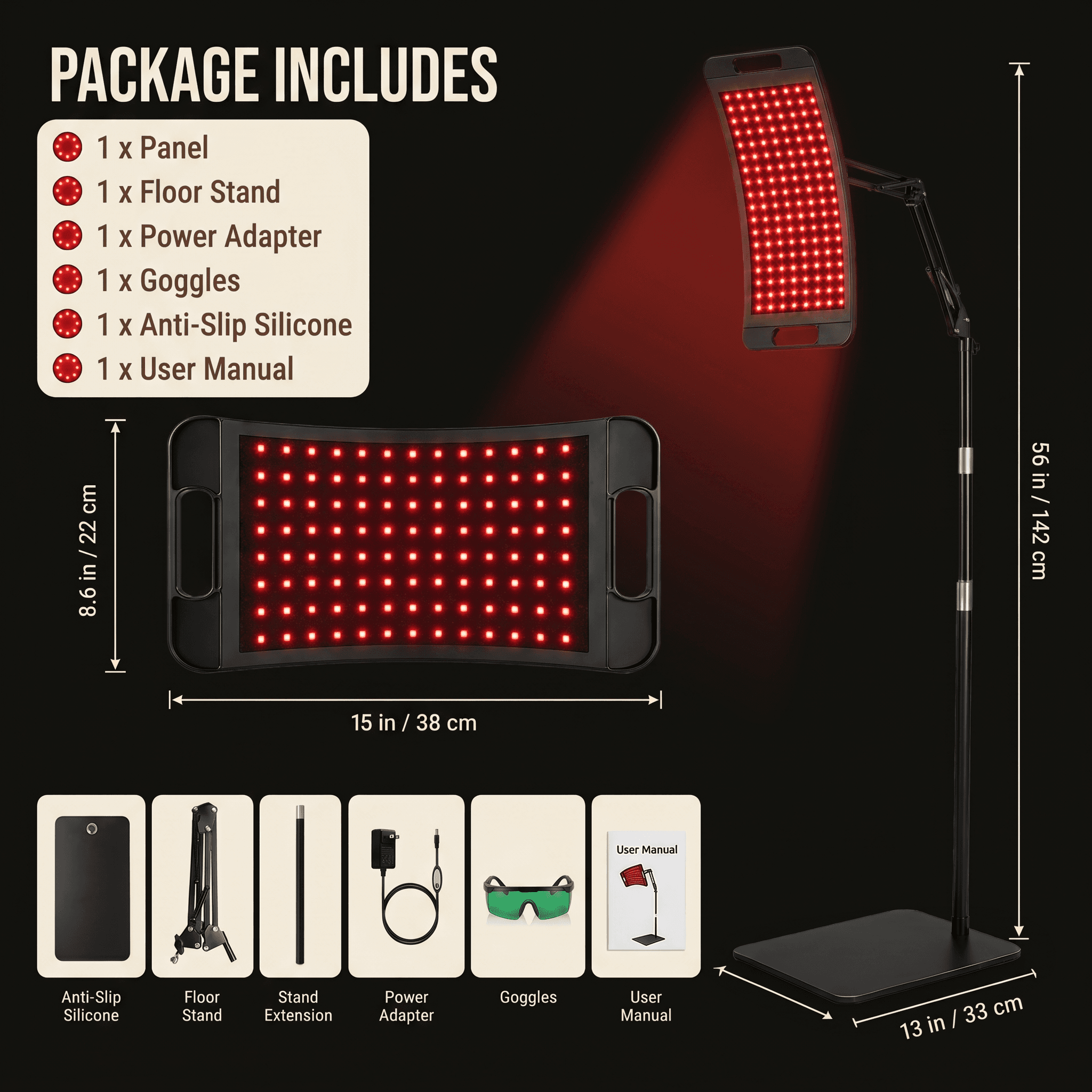 What's in the Halo package: panel, floor stand, power adapter, goggles, anti-slip silicone and user manual
