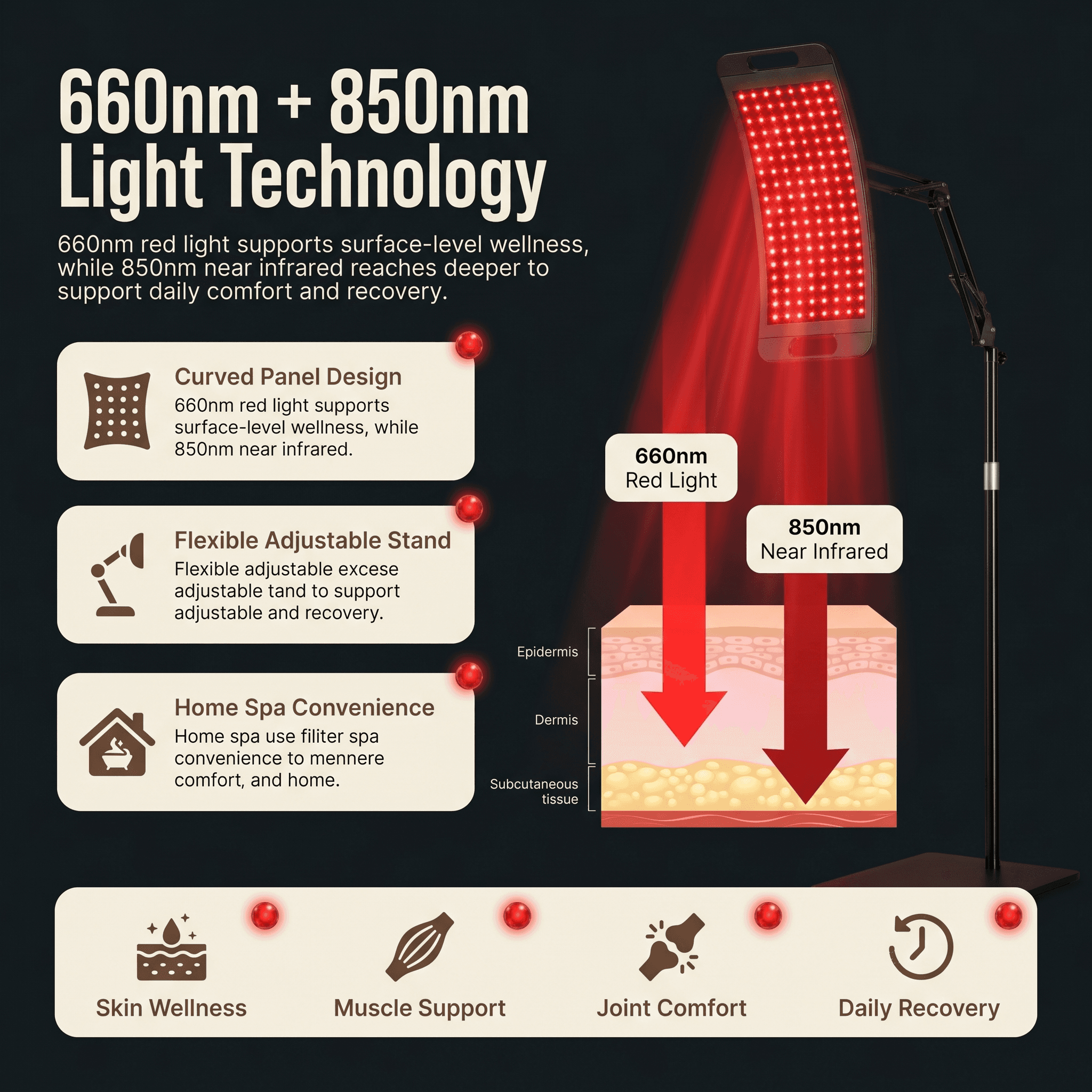 Halo dual-wavelength technology: 660nm red light for surface wellness, 850nm near infrared for deeper recovery